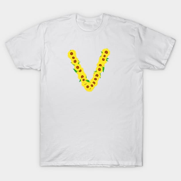 Sunflowers Initial Letter V (White Background) T-Shirt by Art By LM Designs 